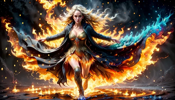 ((Sharon Stone, (27 anos), de corpo inteiro), The skirt is long to the floor)), sorceress, magic, wearing a long Gold dress made of lights, magical forest, with flowing, (((fire)) magic), tight sorceress clothes, magical clothing, (((flowing hairstyle))), ...