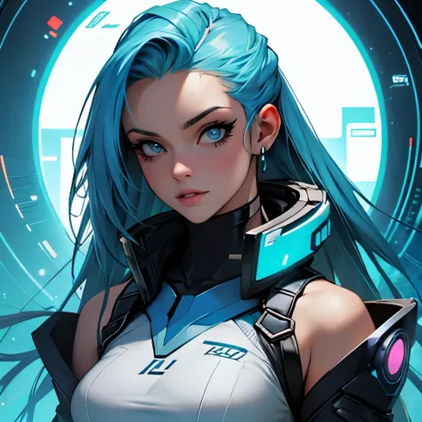 Garota cabelo azul olhos azuis roupa  
estilo cyber punk mercenaria