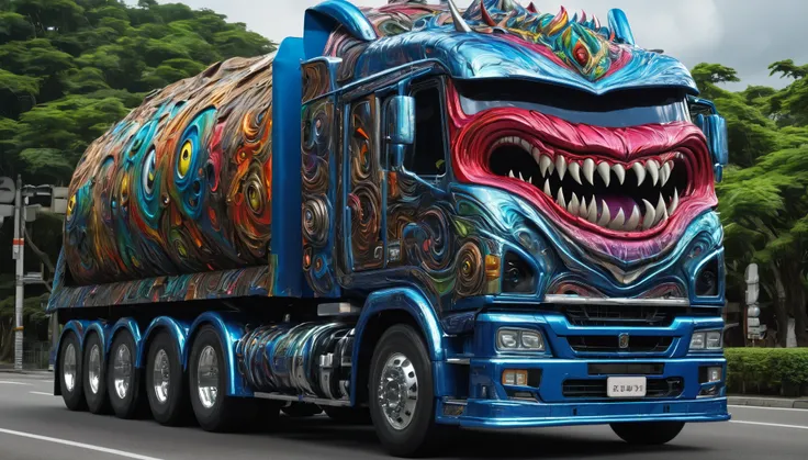 a large truck with a monsters mouth on the front of it, computer graphics by Taro Okamoto, trending on zbrush central, fantasy art, made of liquid metal, made of cardboard, ultra detailed, hyper realistic, 8k, vibrant colors, sharp crisp image