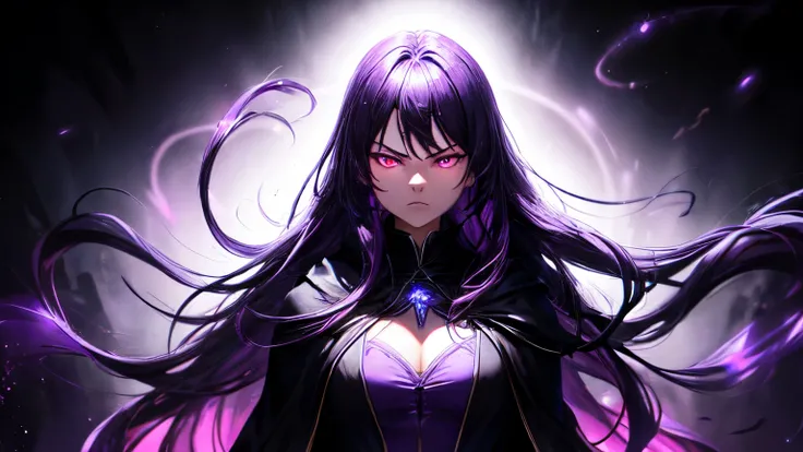 ((mage, long purple hair, flying hair, without hat, glowing purple eyes, black cloak, neckline, serious face)), (dark environment, backlighting, magic circles in the background, magic, magic particles), ((de frente)), upper body focus