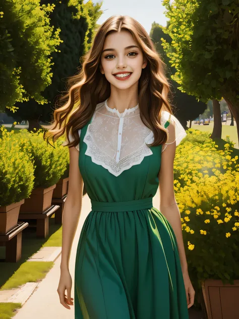 (masterpiece, best quality:1.2), Masterpiece, Best quality, 8k, 18 ans, Photo brute, absurdes, Award-winning portrait, sourire, sourire, pure, italian, elegant vibrant green dress, spring, orchard in bloom, laces, famous singer, cute, fit, healthy, lovely ...