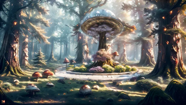 (Masterpiece), best quality, 8k, magical atmosphere, forest, majestic trees, colorful mushrooms, fairytale atmosphere, harmony of nature, ethereal magic, breathtaking beauty, mysterious wonder