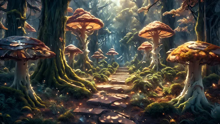 (Masterpiece), best quality, 8k, magical atmosphere, forest, majestic trees, colorful mushrooms, marble and ceramic central square, fairytale atmosphere, harmony of nature, ethereal magic, breathtaking beauty, mysterious wonder