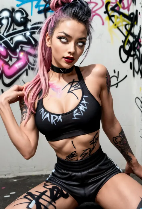 photorealistic,absurdres, skater girl model, best quality,1girl, solo, streaked hair, intricate latex sports bra, tight sportswear shorts, choker, (graffiti:1.25),  paint splatter, arms behind back, (slouching), leaning back, against wall, looking at viewe...