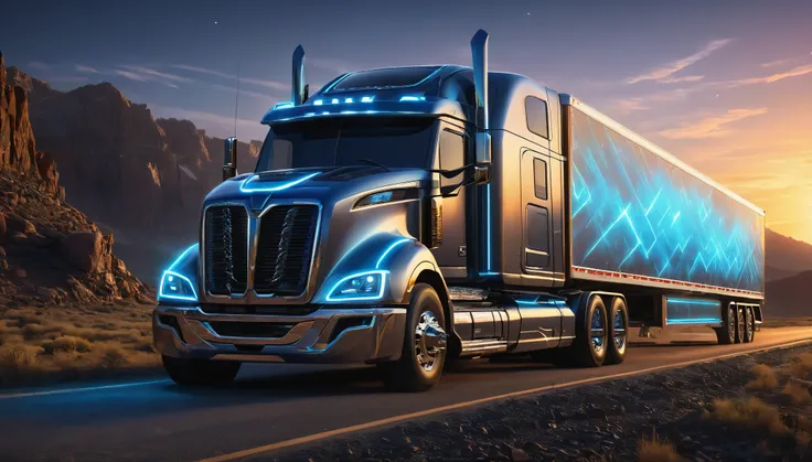 Create a concept sketch of a rugged large truck and trailer embodying the energy of photons, featuring glowing accents and electromagnetic-inspired detailing, ultra detailed, hyper realistic, 8k, vibrant colors, sharp crisp image