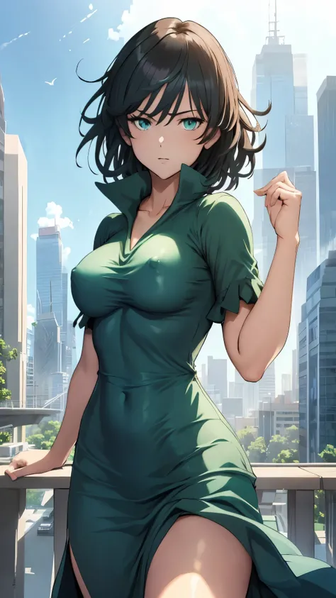 (best quality,4k,8k,highres,masterpiece:1.2),sexy and enchanting Fubuki from the anime One Punch Man, wearing her tight-fitting dress (no panties). Small breasts. Model-like figure. Appears to be 17-19 years old. Floating in the air against the backdrop of...