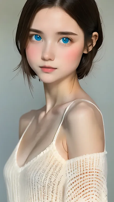 looking at the viewer, cinematic lighting, perfection, soft light, high resolution skins:1.2, realistic skin texture, 14 years old、small face、No makeup、off shoulder,bust B cup、 exposed cleavage, blue eyes, short hair, dark brown hair、leggings、good for spor...