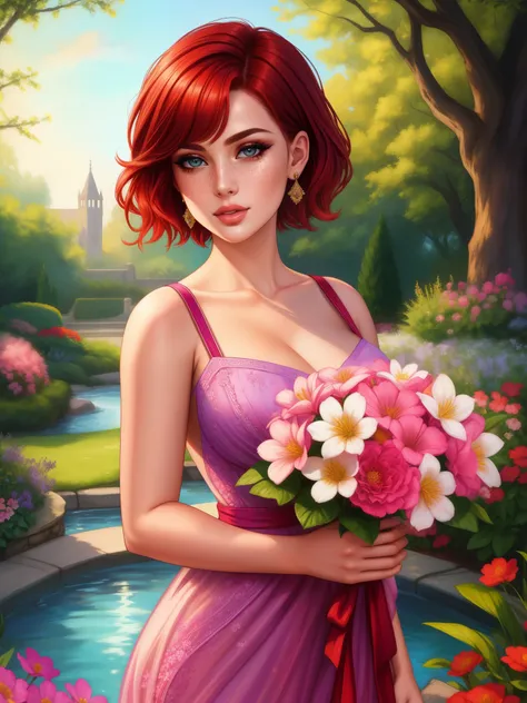 (highres,masterpiece:1.2),gorgeous woman,red hair,pixie cut,detailed eyes,luscious lips,freckles,flowing dress,standing in a vibrant garden with blooming flowers,soft sunlight illuminating her face,ethereal atmosphere,vivid colors,photorealistic,portraits