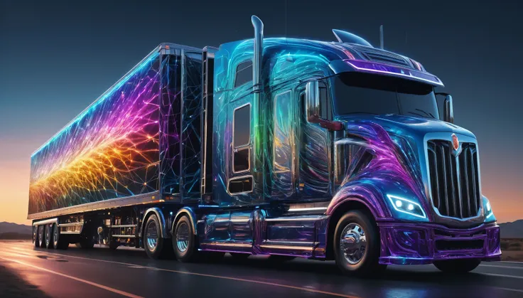 Illustrate a colossal truck and trailer taking inspiration from the quantum entanglement phenomenon, with interconnected components and ethereal aesthetics, ultra detailed, hyper realistic, 8k, vibrant colors, sharp crisp image