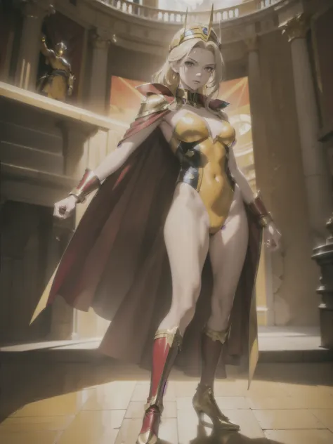 ((masterpiece)), ((best quality)), ((high res)), (dynamic villain pose), (solo, solo focus), standing, italian, blonde hair, brown eyes, a woman in a yellow and red costume and red cape, leotard, bare legs, roman helmet with futuristic visor, matching armo...