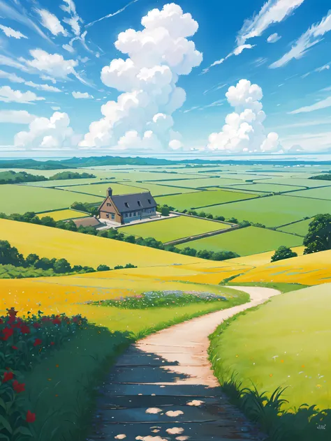 Realistic, authentic, beautiful and amazing landscape oil painting Studio Ghibli Hayao Miyazaki&#39;s petal grassland with blue sky and white clouds --v6