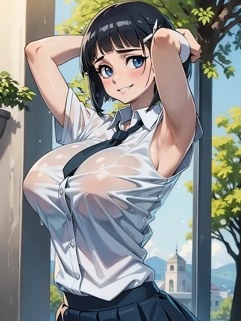 (masterpiece, official art), 1girl, black hair, blue eyes, hair ornament, hairclip, zodiac_suguha, (school uniform), (shirt), (necktie), (skirt), (wet), (upper body), (closeup), (huge breasts), sunlight, looking at viewer, grin, seductive, blush, alluring ...