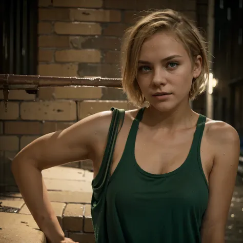 NSFW. young homeless woman with crazy short blond hair and green eyes, pretty, sexy, loose-fitting tank top, leaning against brick wail in rain at night in city, moody, looking at viewer, dramatic lighting, portrait photography, (depth of field), ((masterp...