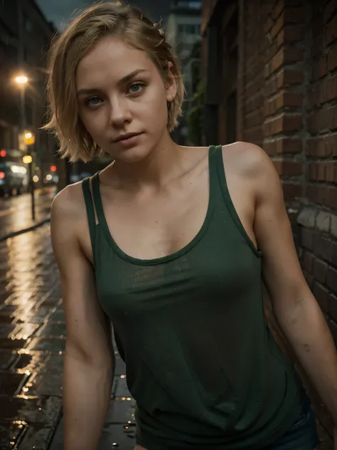 young homeless woman with crazy short blond hair and green eyes, pretty, hopeless expression, baggy tank top, leaning against brick wail outdoors in rain at night in city, moody, looking at viewer, dramatic lighting, portrait photography, (depth of field),...