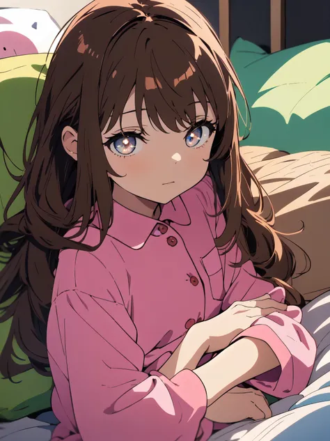 (highest quality、masterpiece、detailed)、(Shining eyes)、(sleeping girl),  cute, she is wearing pink long pajamas, brown hair.beautiful anime