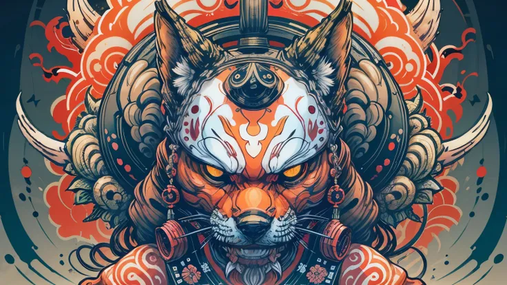 Kitsune fox mask harajuku style 0mib， Illustrator， master-piece， high quailty， 8k， high resolutions， highdetailed， gentleman,  blood splattered,  cherry blossoms blowing in the wind 