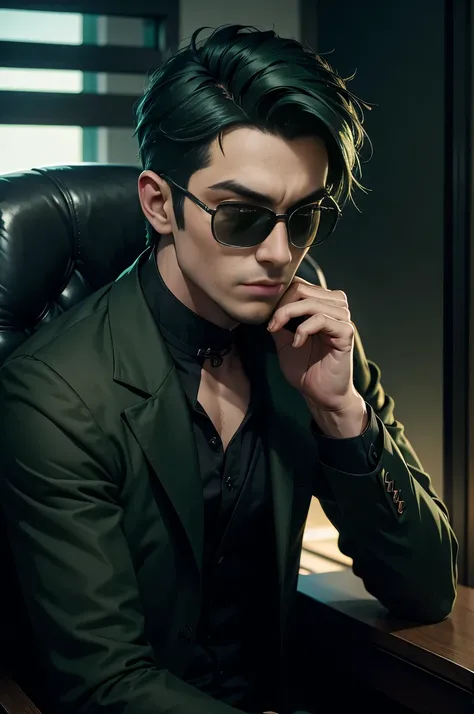 man with dark green hair , wearing dark green and black  outfit , lad back looking cool in the chair  , black sun glasses 