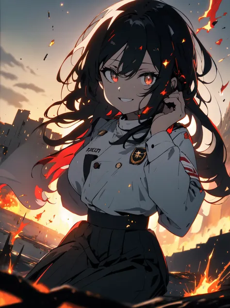 (masterpiece, highest quality), Ruined city and fire in the background, kneel on the ground、(anime girl, white military man), (Shining eyes)、4k manga wallpaper, bleach, detailed anime 8k, gapmoe yandere, with a creepy smile,  black long hair, white mini sk...