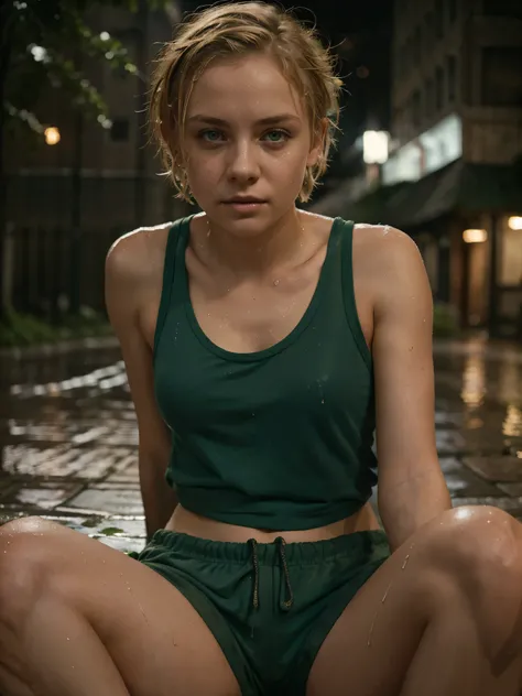 young homeless woman with crazy short blond hair and green eyes, pretty, hopeless expression, soaking wet, baggy tank top and sweat shorts, sitting leaning against brick wail outdoors in rain at night in city, moody, looking at viewer, dramatic lighting, p...