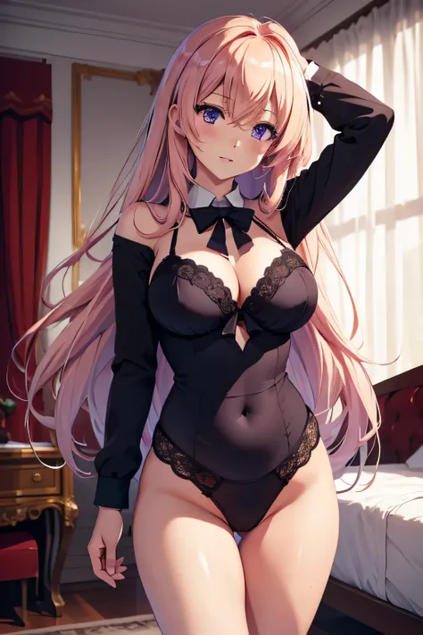 absurdres, high res, ultrasharp, 8K, {masterpiece}, expressive eyes, best quality, perfect face, 1 girl, solo, honami ichinose, long hair, blonde hair, (purple eyes:1.1), hair between eyes, bedroom, lingerie, standing, contrapposto,