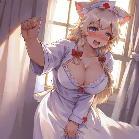 Point Of View, Cowgirl position, Cat nurse reaching for me anxiously, Hospital room, White curtains, sunlight, window, nurses outfit, big breasts, cleavage, puffy detailed beautiful face and eyes)absurdres, perfect anatomy(kemono, angelic cute girl, solo f...