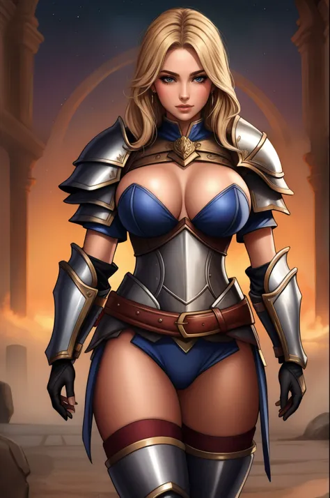 sexy female gladiator, wearing armour, heavy armour, cowboy shot