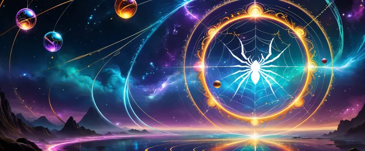 A colossal spider along with its web is the protagonist of the composition. The web transforms into a magic circle representing mystical energy. The circle is filled with vibrant colors each symbolizing different energies, thereby enriching and diversifyin...