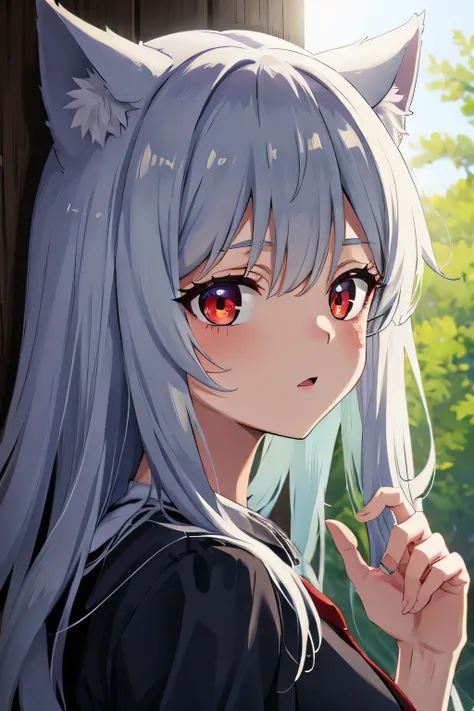 Anime wolfgirl, in the forest, gray hair, bright red eyes, (scars on the face), high quality, best quality, 4k, 2k,