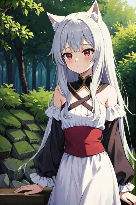 Anime wolfgirl, wearing white dress, in the forest, gray hair, red eyes, high quality, best quality, 4k, 2k,