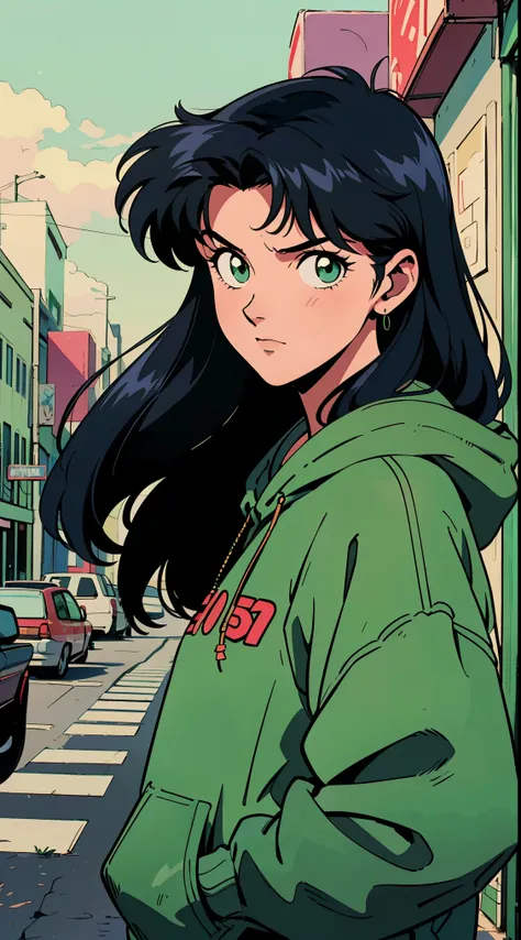 highest image quality, 90s style anime, 21 year old girl, misato katsuragi style, black hair, long hair, light green eyes, with ...