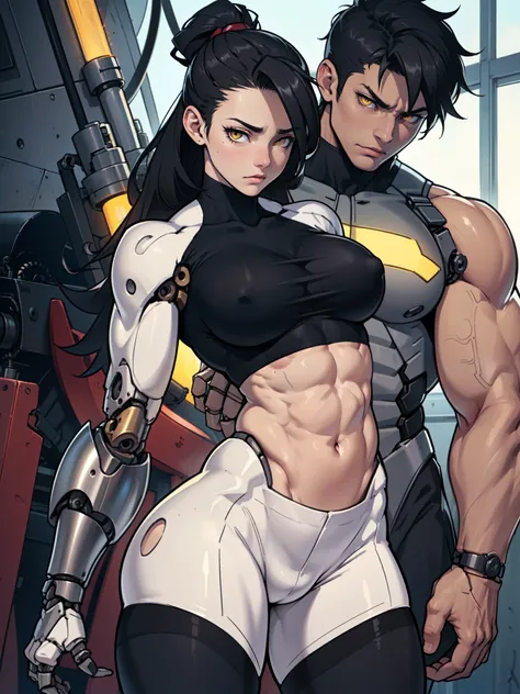 sad girl (((muscular girl large breasts thick toned body mechanical girl))) pale skin black hair yellow eyes sad thin waist long abs girl skintight (((large breasts thick toned muscular body mechanical girl)))