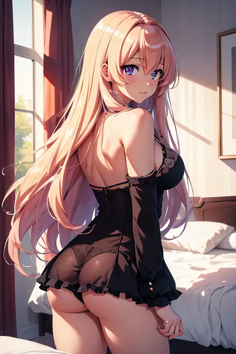 absurdres, high res, ultrasharp, 8K, {masterpiece}, expressive eyes, best quality, perfect face, 1 girl, solo, honami ichinose, long hair, blonde hair, (purple eyes:1.1), hair between eyes, bedroom, lingerie, standing, showing the ass,