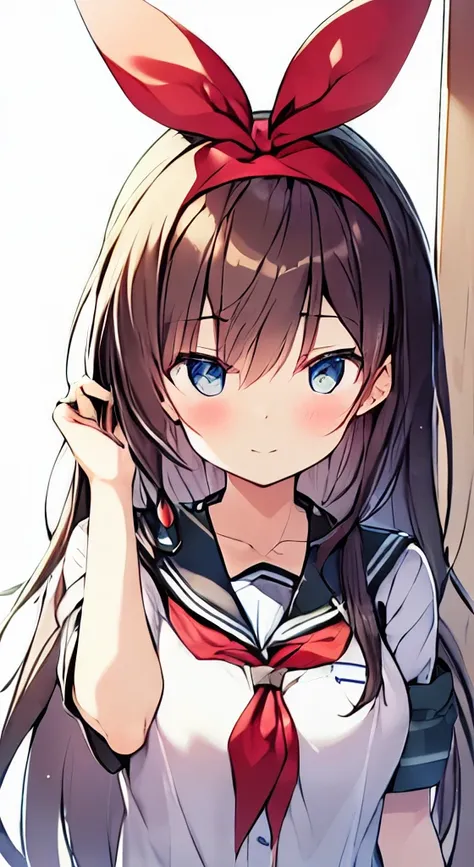 Anime girl with long hair and a red ribbon on her head, Kantai Collection Style, anime moe art style, cute girl anime visual, 艦隊これくしょん -KanColle- アーケード, KanColle, young anime girl, beautiful anime high school girl, Smooth anime CG art, Anime waifu, cute an...