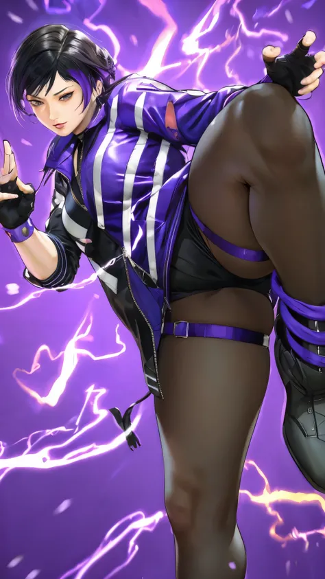 anime character with purple and black outfit kicking a kick, thicc, commission for high res, highly detailed exquisite fanart, heavy gesture style closeup, badass pose, juri misaki, thighs!!!, thighs close up, extremely detailed artgerm, thick smooth warfr...