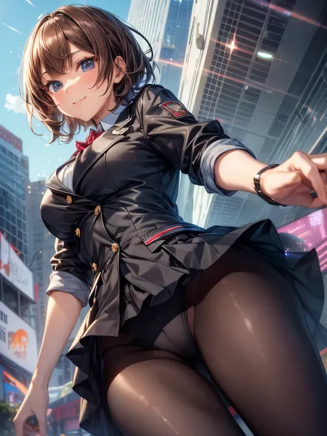 highest quality、complete limbs、one beautiful woman、((brown haired woman:1.3))、short hair woman、big breasted woman、high school girl、black uniform、black blazer、black mini skirt、black pantyhose、School、big smile、classroom、machine、machineの上に座る