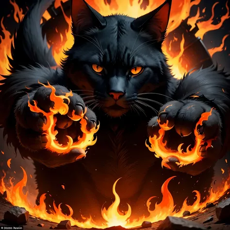 a black warrior cat, imposing, surrounded by fire, fire can be seen between its two hands. fire in your eyes