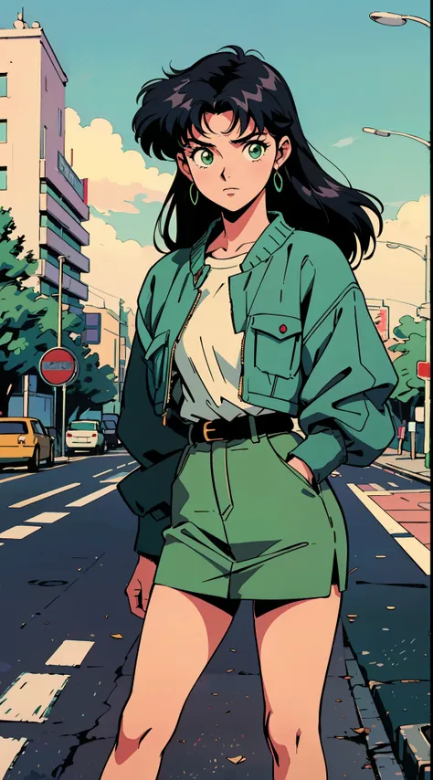 highest image quality, 90s style anime, 21 year old girl, misato katsuragi style, black hair, long hair, light green eyes, weari...