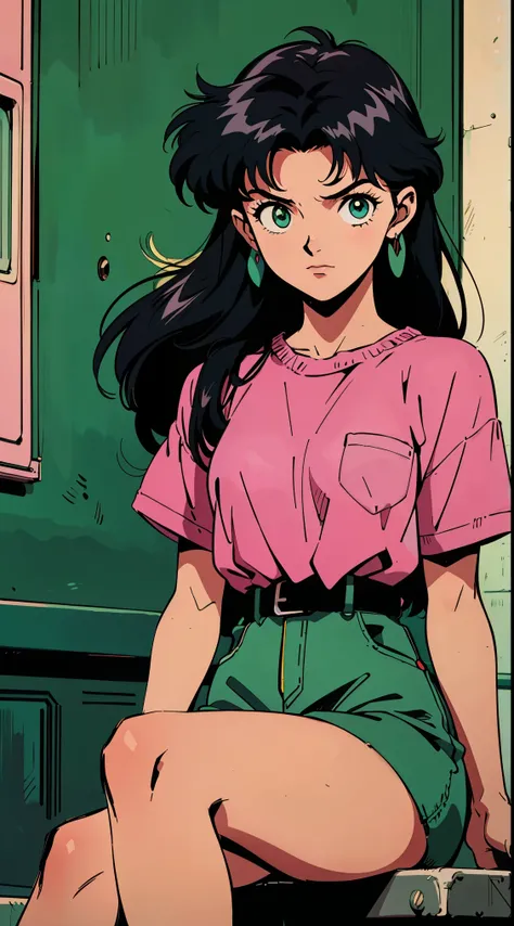 Highest image quality, 90s style anime, 21 year old girl, Misato Katsuragi Style, Neon Genesis Evangelion Style, black hair, long hair, Light green eyes, wearing 90s fashion clothes , busy street, 90s street, sitting in a cafe 