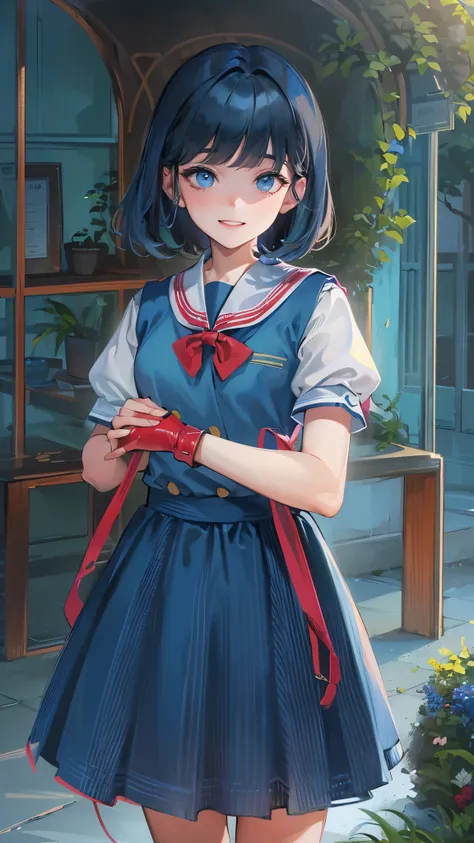 perfect anatomy, masterpiece:1.2, best quality, 8k, beautiful detailed grow, daydreaming expression, (a blunt bangs:1.2 dark blue hair short bob hair :1.3 mysterious :1.3 girl, blue alluring eyes, 8 yo, grin smile), (in a  school uniform, red skirt), break...