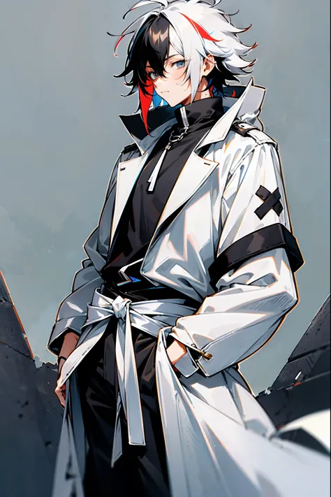 1male, two-toned hair, black and white hair, messy hair, medium length hair, tied to the back, white trenchcoat, black sweatshirt, lean build, tied to waist, medival town 