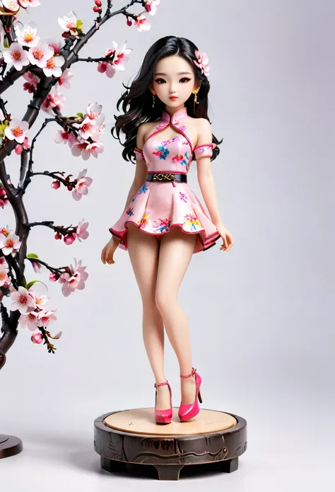 (Blind Box Spielzeug Stil:1.2),full body, solo,white background,(1 Beautiful girl Models ,Stand on a round wooden base, pink Peach Blossom, high heels),(Oriental elements, Chinese color,Very colorful)