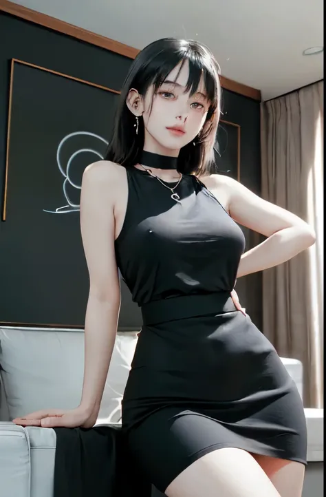 1 Are standing女性, /(Sleeveless knit shirt/) /(black hair/) bangs, A gentle smile with a blush, (highest qualityのmasterpiece:1.2) Delicate illustrations super detailed, Big breasts BREAK /(modern house living room/)、masterpiece, go-getter, ((highest quality...