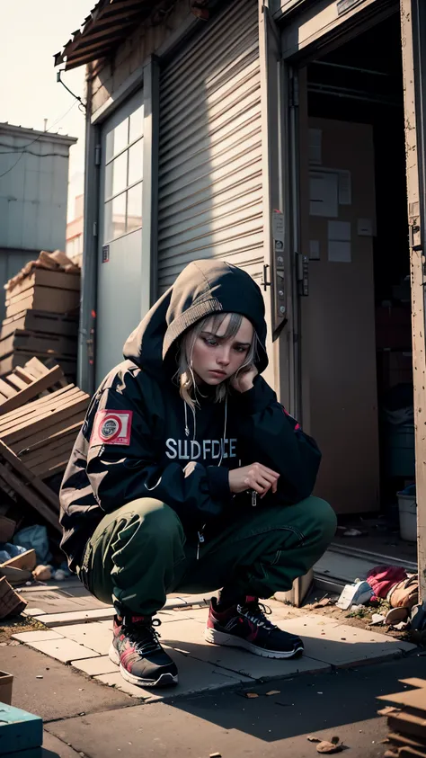 arafed woman squatting on the ground in front of a pile of junk, photograph of a depressed woman, a portrait of a suicidal woman, rugged homeless clothes, alexey egorov, depressed woman portrait, shot on nikon z9, portrait shot, woman in streetwear, wearin...