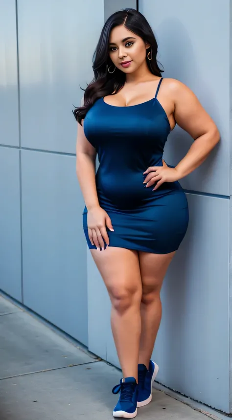 araffe woman in a dark-blue dress posing for a picture, wearing a cute dark-bkue dress, curvy model, dressed in a beautiful dark-blue , wearing a wet dark-blue short dress, curvy hourglass figure, sexy dress, wearing dark-blue dress, thicc, beautiful full ...