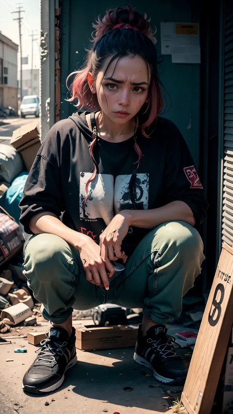 arafed woman squatting on the ground in front of a pile of junk, photograph of a depressed woman, a portrait of a suicidal woman, rugged homeless clothes, depressed woman portrait, shot on nikon z9, portrait shot, woman in streetwear, forced to sell her bo...