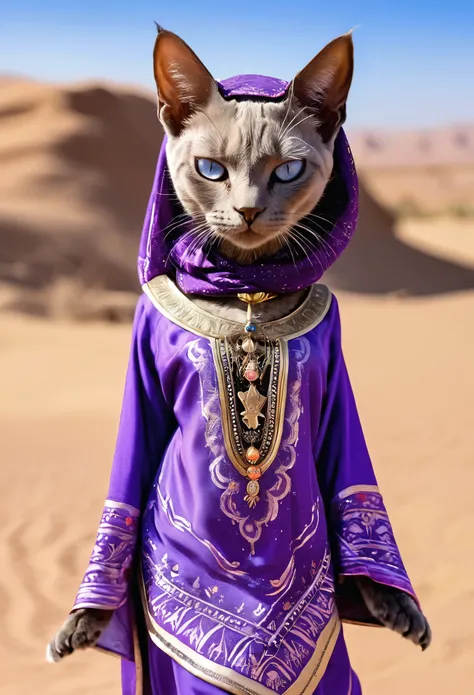 Full body shot of violet anthropomorphic cat with perfect human body, cute woman with cats head and minuscule Egyptian clothes, cute sexy, (detailed desert background), ultra sharp focus, detailed face, (((posing))),  western anime style, beautiful eyes, f...