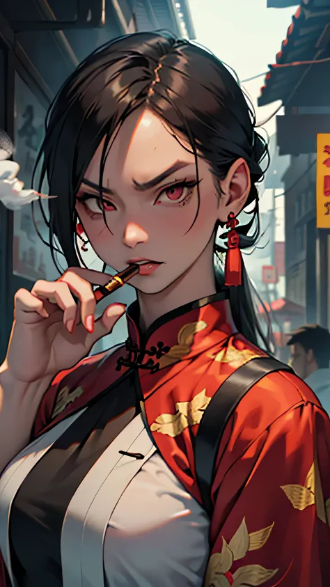 tobacco, Smoke Tube, smoking, China dress, woman, one person, 中国人woman, chinese mafia, smoke a cigarette, cigar, Tsurime, eyeball, bright, upward facing eyes, long eyelashes, anger, crazy, grumpy, panic, scar across the eye, anime, Hmm, highest quality, 8k