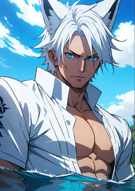 anime guy with white hair and fox ears and collar, ( all body), Hajime Yatate, male anime character, big chest, Handsome anime man, tall anime guy with blue eyes, badass anime 8k, king of fighters character, blessed waters in style of wlop, white hair, whi...