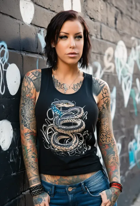 La Imagine Laurence Bedard standing against a graffiti-covered wall, her sleeveless top revealing intricate tattoos that snake up her arms. She confidently gazes into the camera, her piercing eyes capturing attention, and her full body tattoos, and shoulde...