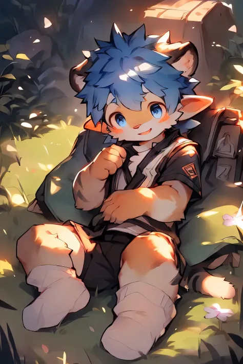 boy lying on the grass，shy expression，Flirting，blue hair, furry art, Illustration elf, video game fanart, Detailed fanart,human cat，Uniforms，（cute white socks），（peaked cap）, Lovely and detailed digital art，((author：Puinki,By Artists:1.2),(author：Unreal Lan...